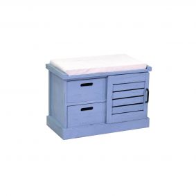Panca in legno azzurro con cuscino e 2 cassetti
