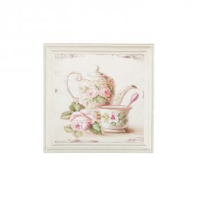Quadro in legno tazza e rose rosa