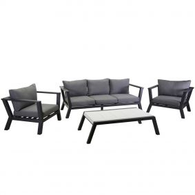 Salotto in alluminio antracite con divano poltrone e tavolino da esterno giardino