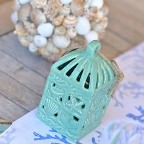 Lanterna in ceramica verde con conchiglie quadrata