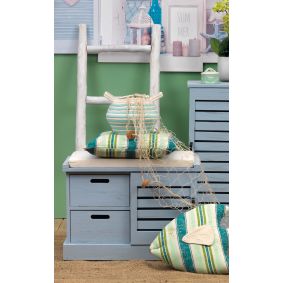 Panca in legno azzurro con cuscino e 2 cassetti