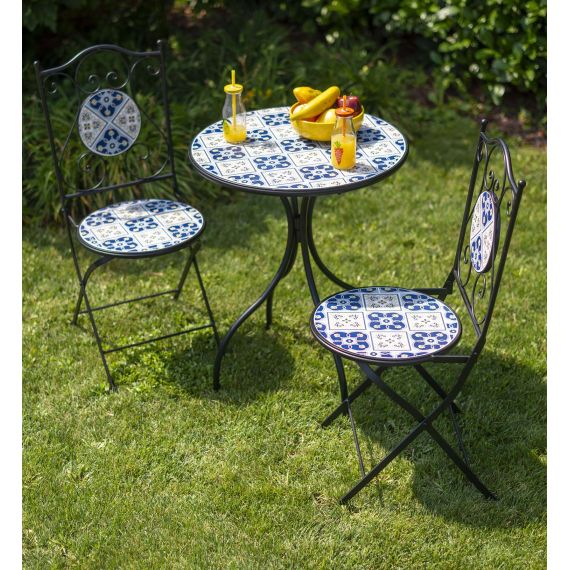 Tavolo in ferro mosaico blu con 2 sedie da esterno giardino
