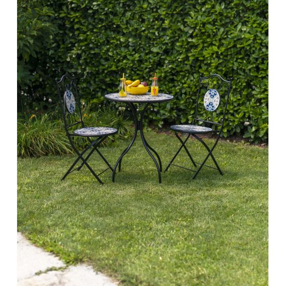 Tavolo in ferro mosaico blu con 2 sedie da esterno giardino