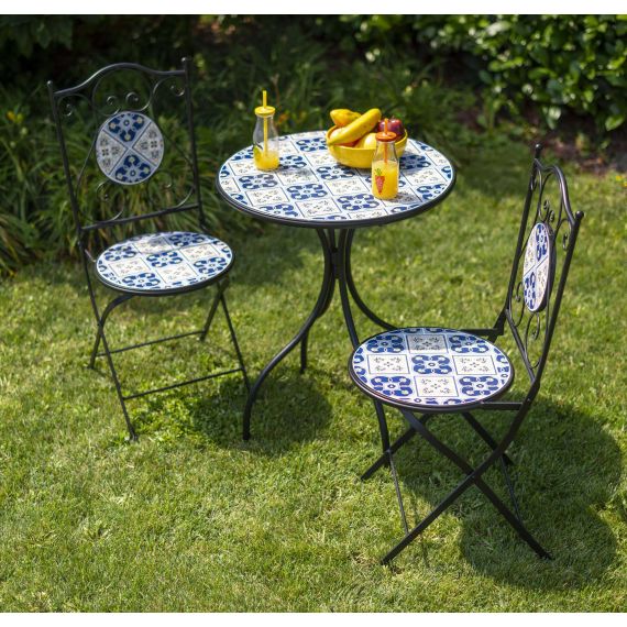 Tavolo in ferro mosaico blu con 2 sedie da esterno giardino