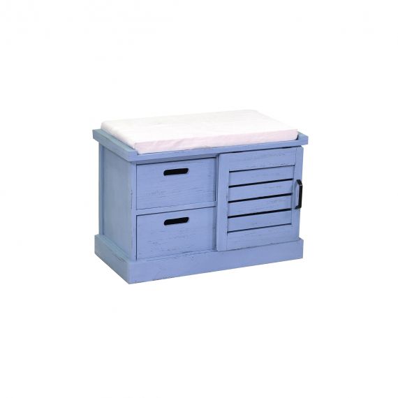 Panca in legno azzurro con cuscino e 2 cassetti