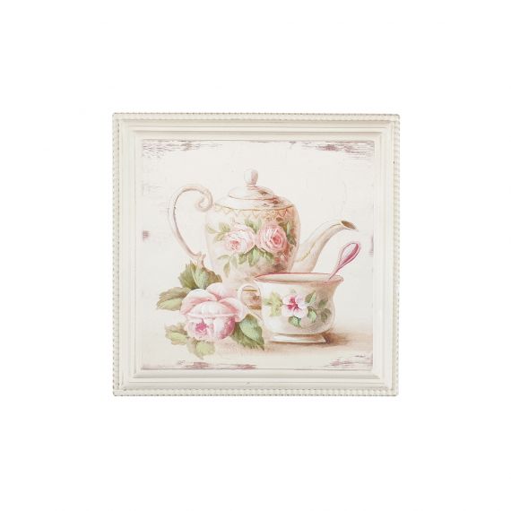 Quadro in legno tazza e rose rosa