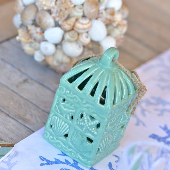 Lanterna in ceramica verde con conchiglie quadrata