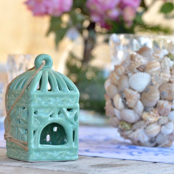 Lanterna in ceramica verde con conchiglie quadrata